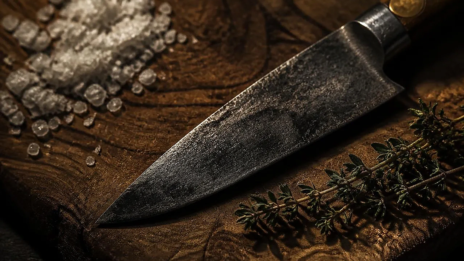 A chef's knife and prepared ingredients on a kitchen bench
