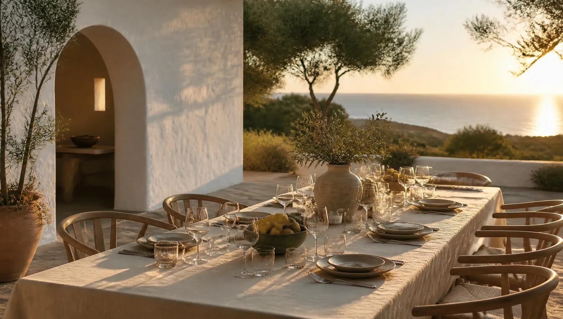 A long linen-covered dining table set for dinner on an Algarve villa terrace above the sea at golden hour