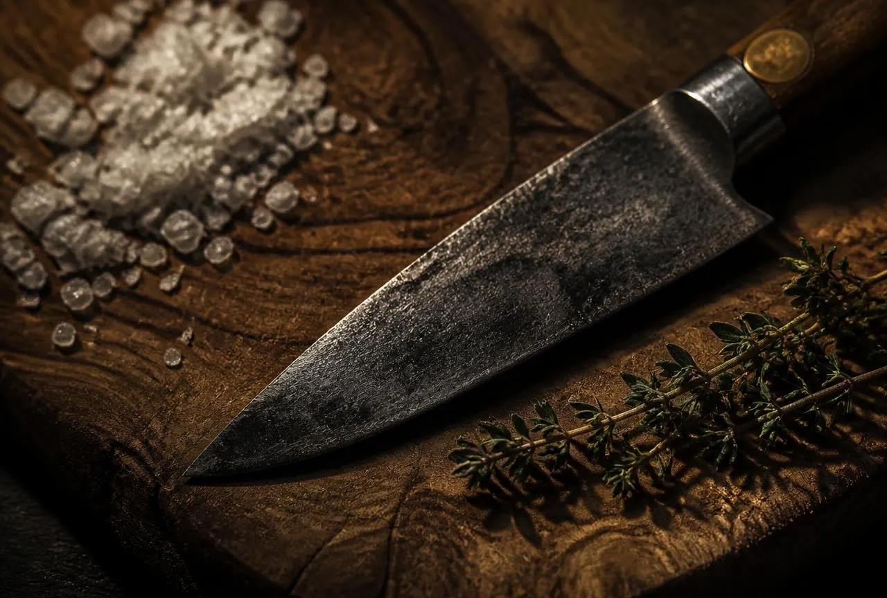 A worn carbon steel chef's knife resting on an olive wood board beside sea salt and thyme